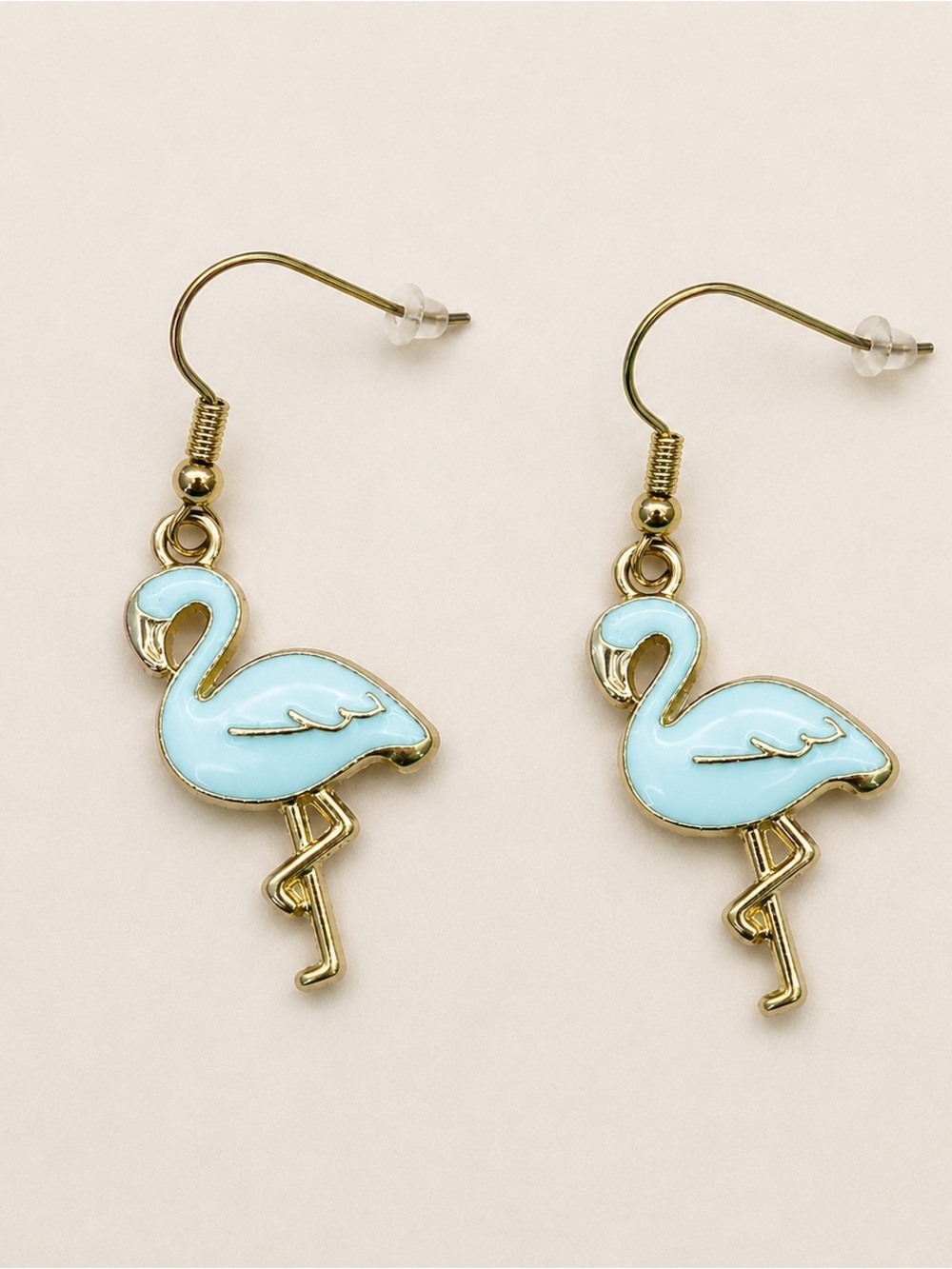 Aqua Blue Flamingo Dangle Earrings Gold Tone Tropical Bird Jewelry
